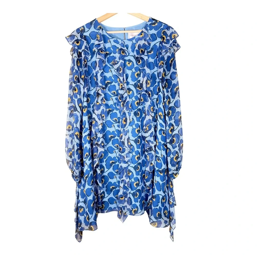 Carolina Herrera Floral Silk Chiffon Ruffle A-Line Mini Dress Blue Print Size 10 - Picture 3 of 15